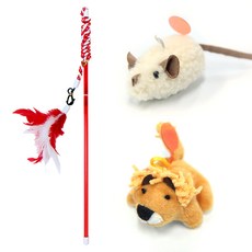 The Cat 貓咪 Jucuru 趣味互動擬真聲響羽毛逗貓棒 + 老鼠玩具 + 獅子娃娃組合, 1套, 隨機出貨(羽毛逗貓棒)