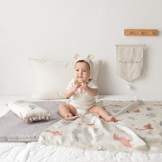 juho DECO 孩童用涼感人造絲午睡被+7盎司棉質睡墊+鋪棉枕頭組, 恐龍款