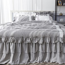 AronHouse 荷葉邊寢具套組, 薄被 170*210cm+枕頭套 50*70cm 2入+床罩 150*200*25*45cm, 灰色