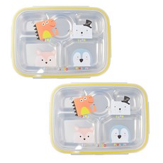 動物印花6格不鏽鋼餐盤便當 深款, 混色, 餐盤+蓋子, 2組