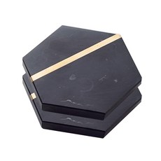 마켓피오 고급 대리석 골드라인 티코스터, 육각블랙, 2개
