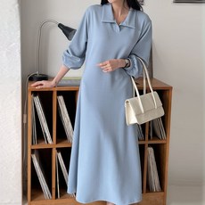 Borimam 翻領綁帶長袖大尺碼長版洋裝 孕婦裝 R583