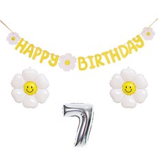 조이파티 데이지 생일가랜드 + 데이지풍선 소형 2p + 숫자은박풍선 7 소형, 1세트, 옐로우(가랜드), 화이트(데이지 풍선), 실버(숫자 풍선)