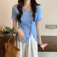 마켓에이 여성용 라인 프릴 반팔 니트티