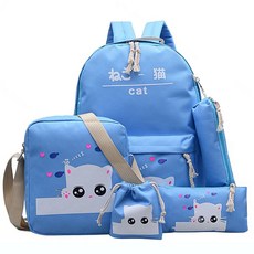 KIZTREE 女童貓咪圖案雙肩包+斜背包+鉛筆盒+束口袋+收納小包