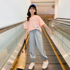 Orenjidamom 女童條紋微笑T恤牛仔褲套裝