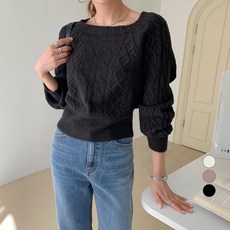 무드인더 여성용 스퀘어넥 꽈배기 무지 긴팔 니트