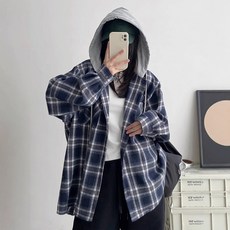 Moirbella 女款寬鬆連帽格紋假兩件襯衫