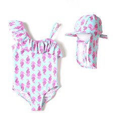 女童款薄荷色海馬荷葉邊連身裙+帽子套裝