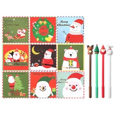 快樂聖誕卡片9款 + 聖誕中性筆4入, 1套, 混合顏色(卡片), 隨機出貨(中性筆)