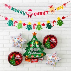 PARTYSHOW 聖誕節訊息拉旗 + 樹木氣球組合包, 混合色, 1套