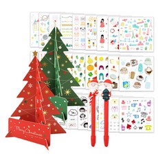 2Youngdesign 聖誕樹立體卡片 2入 + 聖誕老人原子筆隨機出貨 2入 + 裝飾貼紙 28款套組, 紅色, 綠色, 1套