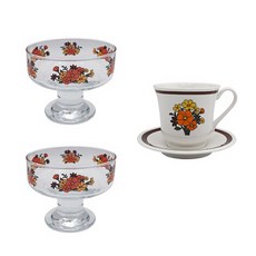 1537 清爽玻璃甜點碗2p+陶瓷咖啡杯碟套組, 復古花束, 1套