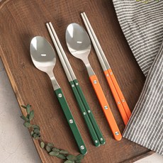 TINNY BLANC Reb 2人晚餐湯匙 2入+筷子 2入 韓式餐具組, 1組, 綠色, 橙色, 飯勺 2p+筷子 2p