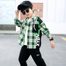 Orenjida-mom 男童字母拼色連帽格紋襯衫