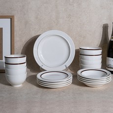 Syracuse CHINA 楓葉 4人基本餐具組 17p, 白色 + 線條棕, 餐具5種, 1套