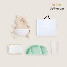 jellymom 新生兒禮盒 護頭防摔背帶枕+矽膠托盤+輔食湯匙+包巾組, 小熊燕麥片(後衛)、薄荷(盤)、淡粉紅色(湯匙), 1組