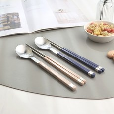 Bogen 韓國製造 方形Sollen韓式餐具 湯筷雙人組, 1套, 深米色, 藍寶石色, 湯匙 2p + 筷子 2p