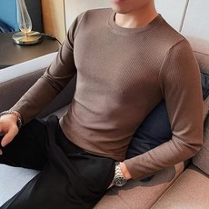 DM 남성용 골지 라운드 긴팔 티셔츠