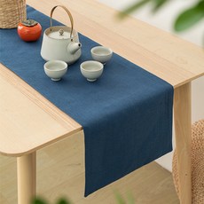 Paradiso 簡潔整齊的餐桌裝飾素色亞麻桌旗, 藍色, 32 x 180 cm