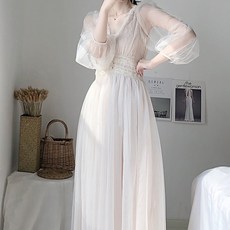 LUNAGIRL 女款長袖薄紗連衣裙, 白色