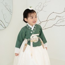 Agahanbok 女童款綠色光澤韓服套裝
