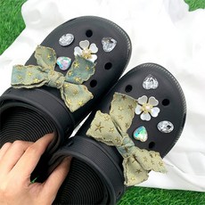 더플로우커머스 여성용 빈티지청 리본 포인트 신발 악세서리 꾸미기 파츠 세트 10P