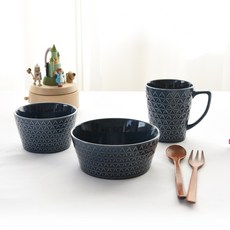 PRELUDE 幾何花紋餐具組 3入, 鈷藍色, 飯碗+湯碗+馬克杯