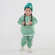 童款可愛小鴨圖案刷毛長袖上衣+縮口長褲套裝