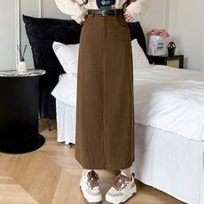 Queenis 女款高腰燈芯絨長裙 + 腰帶組