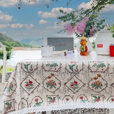 ANDCOTTON 亞麻都會花園邊框蕾絲防水桌布, 長方形2人(100x130), 自然色