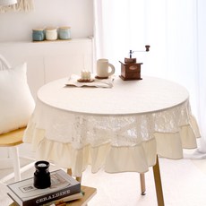 CASA VERDE Flore蕾絲荷葉邊圓形桌布, 100圓形(100 x 100 cm), 自然色
