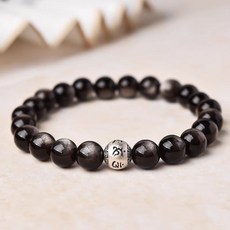 Buddha best 銀色六字真言黑曜石念珠手鍊