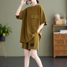 엘쏘 여성용 빅포켓 루즈핏 오버핏 반팔 반바지 상하의 트레이닝 2세트