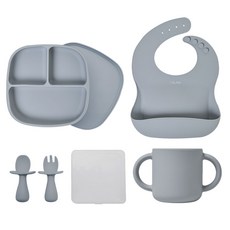 LALABY 矽膠餐具4入組, 灰色, 圍兜+湯匙+叉子+矽膠杯子+防滑餐盤