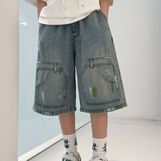 HARAROI 綠色彩繪水洗牛仔短褲
