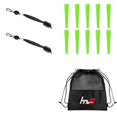 NAYASTYLE 高爾夫球桿頭清潔器 2入 + 塑膠高爾夫球釘 10入 + 收納袋套組 GFYP-10-6+185-6PU, 黑色(清潔器), 綠色(球釘), 1套