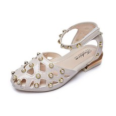 LULUCHOU 女童珍珠鉚釘鏤空踝帶涼鞋