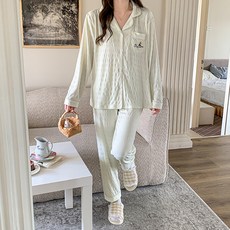 안나앤코 여성용 포켓 오렌지 레터링 긴팔 잠옷 파자마 상하의 세트