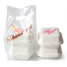 Picnic&Package 紙漿便當盒 粉紅Thank You印花 20入 + PE Thank You塑膠袋 20入 + 奶油色叉匙 20入 組, 1個, 20個