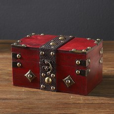 PDS家居裝飾 厚實實木寶箱 電影拍攝道具 帶鎖扣 復古寶物盒, 1個, 深紅色