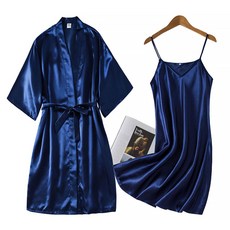 Market A 絲綢婚禮短版浴袍 + 細肩帶睡裙組 M, 素色海軍藍, 1個