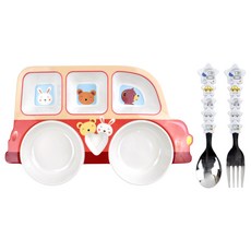 兒童用噗噗巴士美耐皿5格餐盤 + 湯匙叉子組, 1套, 白色 + 黃色 + 藍色(湯匙, 叉子), 紅色(餐盤), 餐盤 + 湯匙 + 叉子