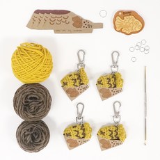 Mellowstory Stationery 針織 編織 被咬一口的迷你鯛魚燒鑰匙圈 芥末黃 摩卡 + 壓克力棕色套組, 1套, 混合顏色