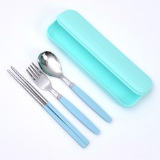 RAONNURI 兒童粉彩便攜式餐具盒餐具組, 藍色(餐具盒), 藍色(湯匙, 筷子, 叉子), 餐具盒 + 湯匙 + 筷子 + 叉子