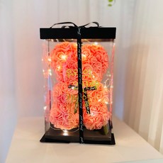 樂芙莉農場 人造花玫瑰熊 小 + 專用盒 + LED燈泡 + 字母貼紙 + 緞帶裝飾 套組, 珊瑚色 + 紀念日