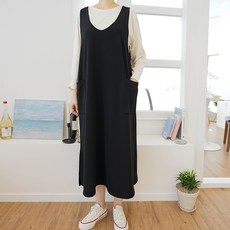 biggirlstory 大尺碼雙口袋彈性層次感背心長版連身裙, 黑色