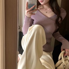 MarketA 女款交叉V領羅紋針織長袖T恤 M263-0001PFR