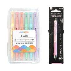 TUCO.B KOMA 雙頭柔色螢光筆 6色 + Dr. GRIP 舒適自動鉛筆套組, 粉紅色(自動鉛筆), 1套