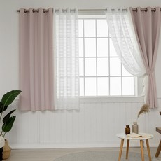 CARDECO Dimanche 遮光窗簾 2p + Coco 格紋蕾絲窗簾 2p + 窗簾綁帶 4p 組, 寶寶粉